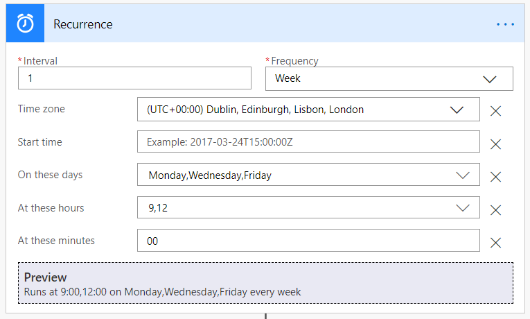 Recurrence trigger configured for a weekly schedule